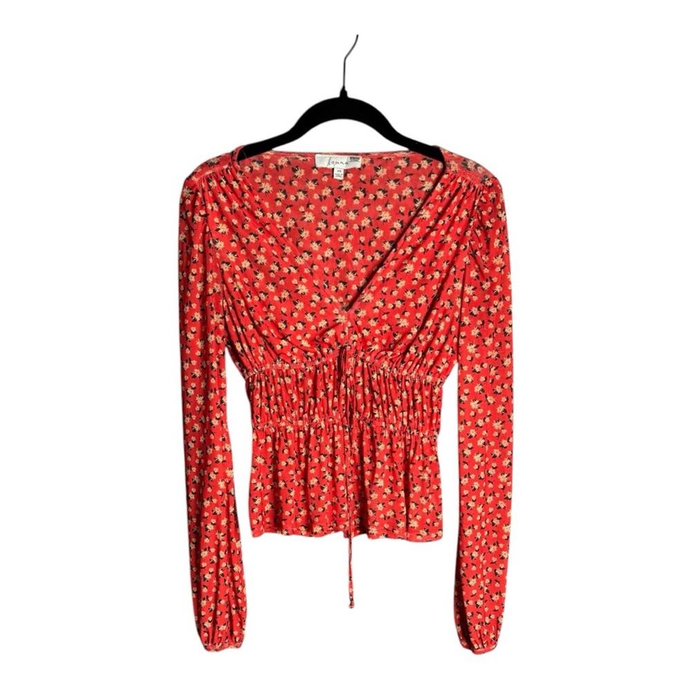 Louna Red Floral Cinched Long Sleeve Blouse XS